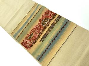 アンティーク　手織り紬横段に抽象模様織出し名古屋帯